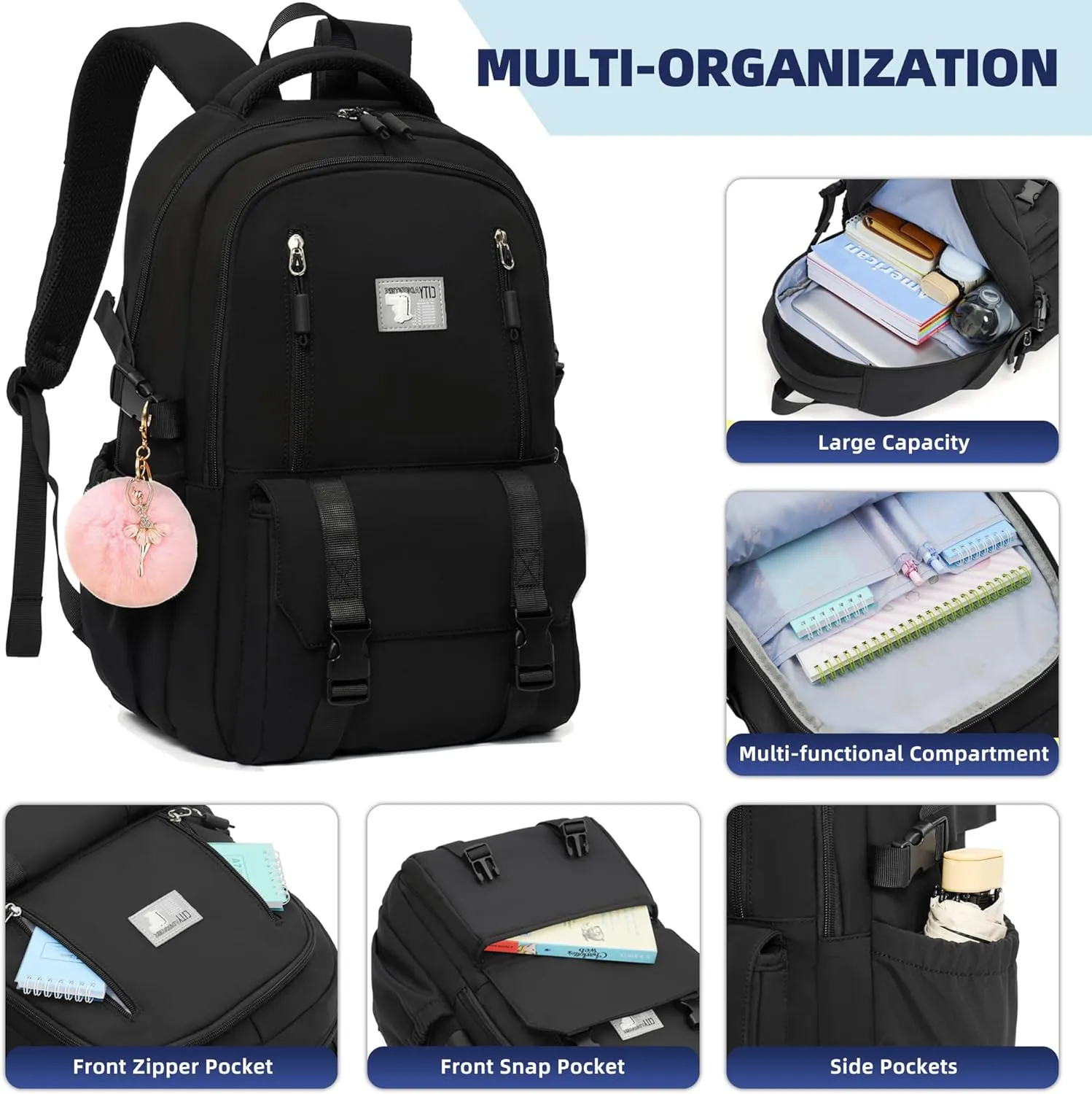 Caoroky knight Travel Laptop Backpack for Women Girls Elementary High School Bag College Backpacks Waterproof Daypack Large Bookbags Purse for Teens Students Computer Bags 15.6 Inch-Black