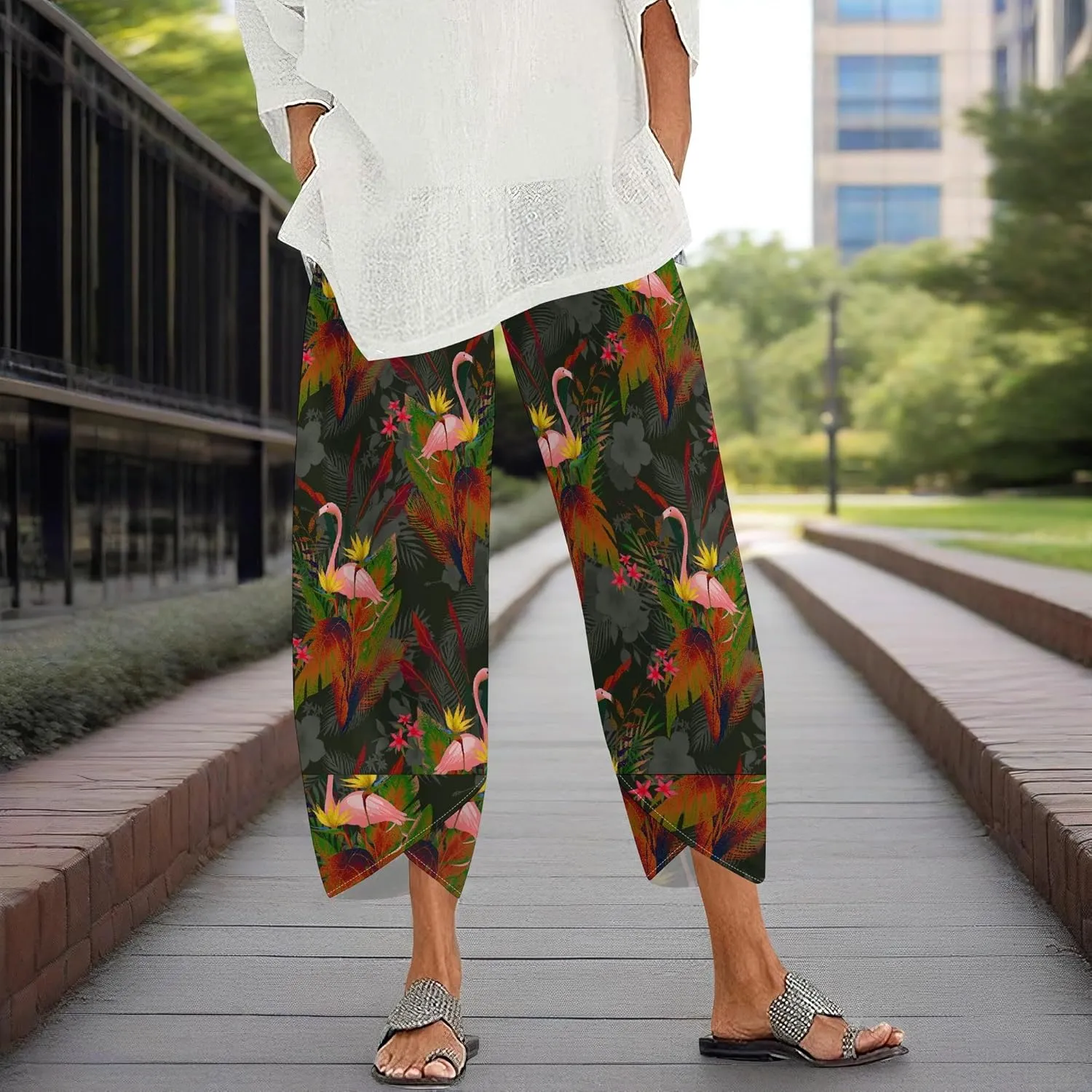 Capris Pants for Women 2025 Summer Printed Baggy Cropped Wide Leg High Elastic Waist Trousers Beach Vacation Pant