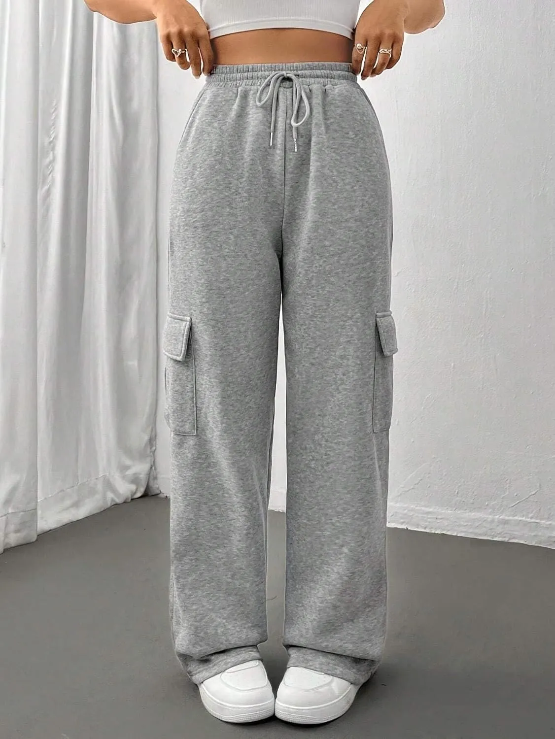 Cargo Pants for Women High Waist Baggy Wide Leg Lounge Pants Drawstring Elastic Waist Trousers