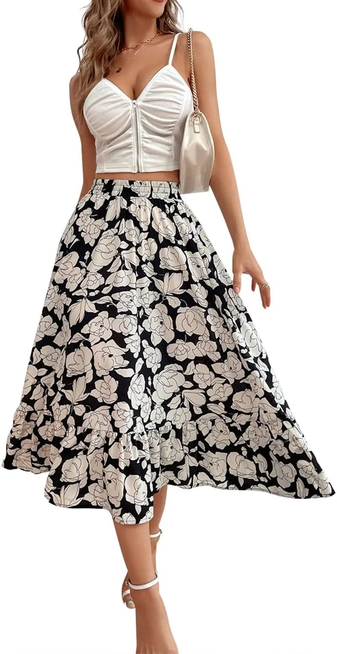 CHARTOU Women's Elastic High Waist Floral Print Pleated Flowy Flared A-Line Midi Long Skirt