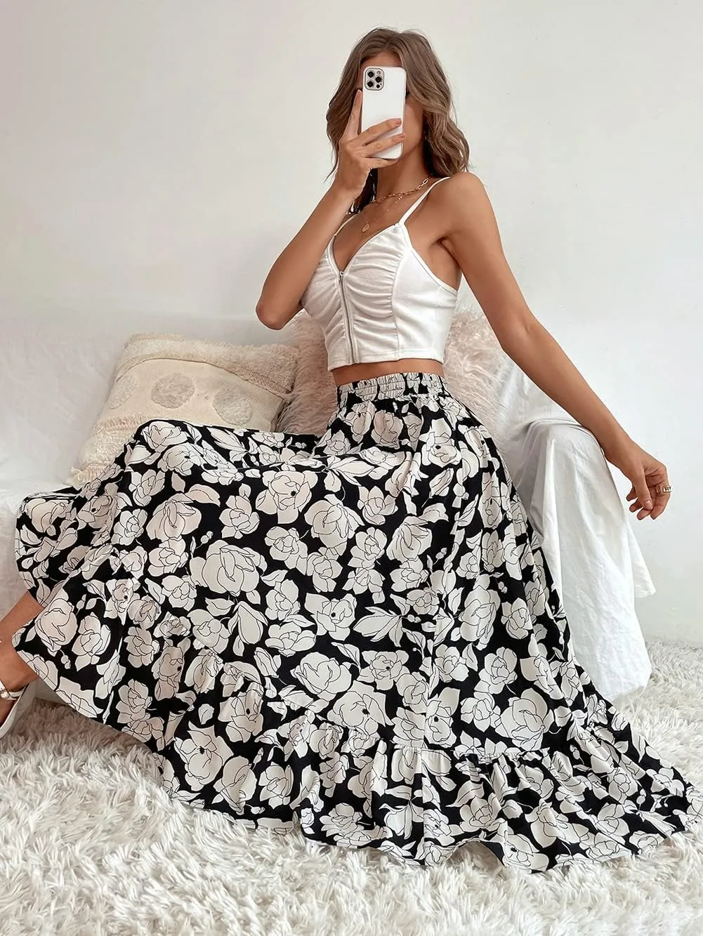 CHARTOU Women's Elastic High Waist Floral Print Pleated Flowy Flared A-Line Midi Long Skirt