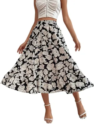 CHARTOU Women's Elastic High Waist Floral Print Pleated Flowy Flared A-Line Midi Long Skirt