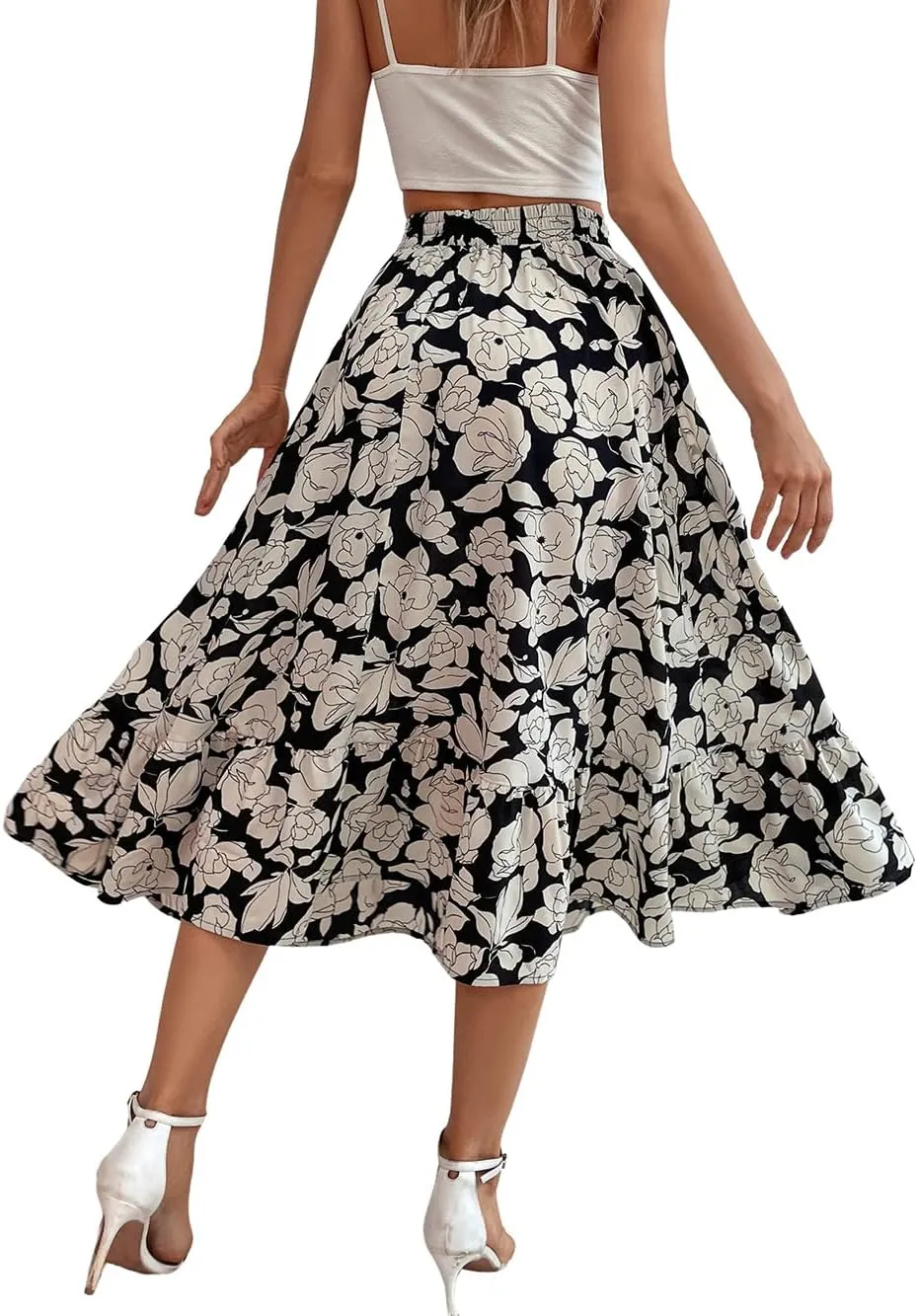 CHARTOU Women's Elastic High Waist Floral Print Pleated Flowy Flared A-Line Midi Long Skirt