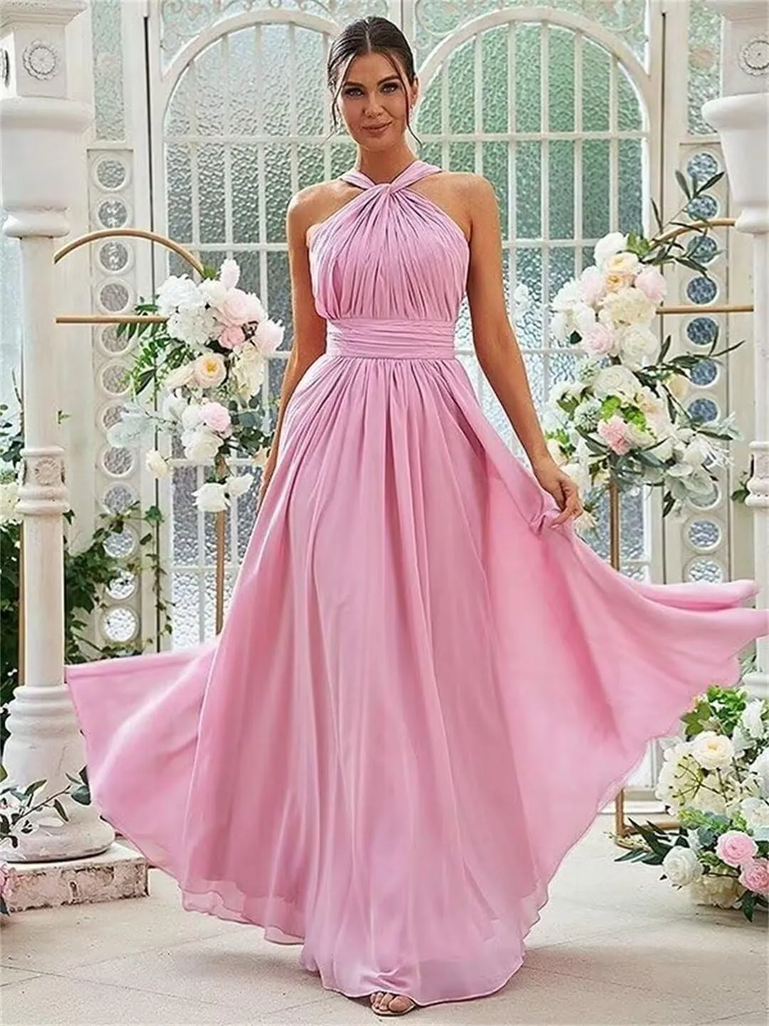 Chiffon Long Bridesmaid Dresses for Women 2024 A-line Pleats Maxi Formal Evening Party Gown with Pockets