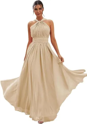 Chiffon Long Bridesmaid Dresses for Women 2024 A-line Pleats Maxi Formal Evening Party Gown with Pockets