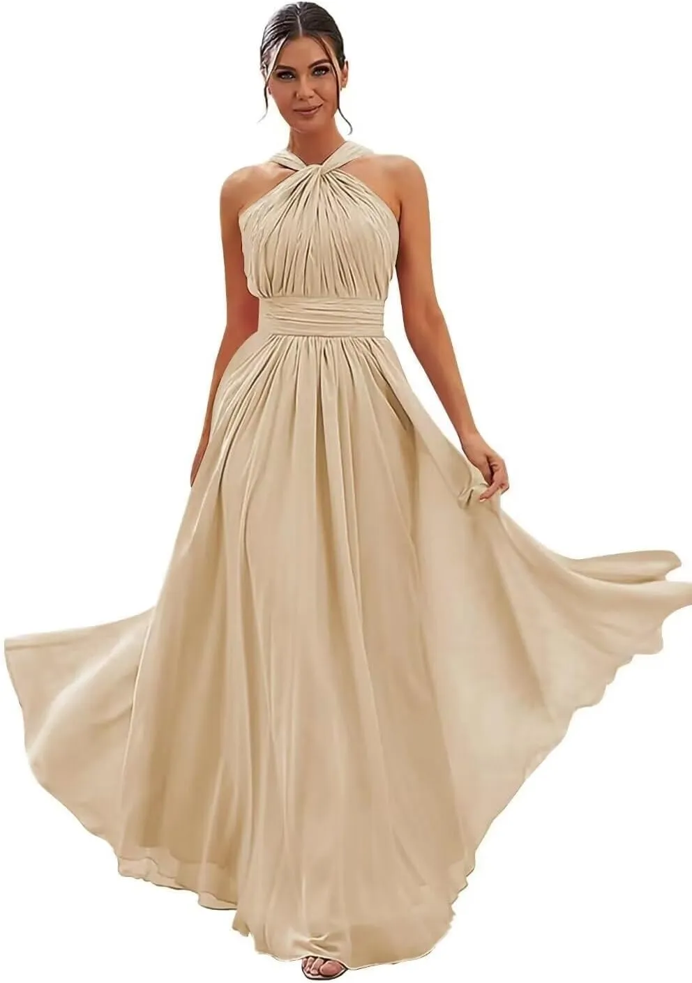 Chiffon Long Bridesmaid Dresses for Women 2024 A-line Pleats Maxi Formal Evening Party Gown with Pockets