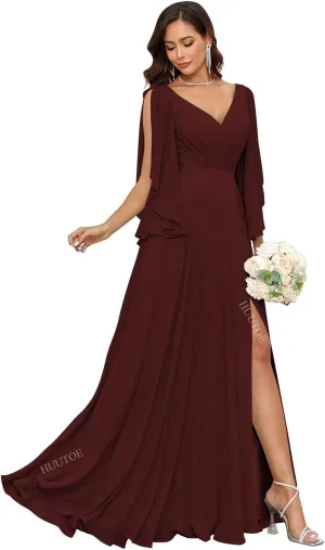 Chiffon Mother of Bride Dresses for Wedding V Neck Bridesmaid Dress with Slit Formal Dresses for Women Wedding Guest