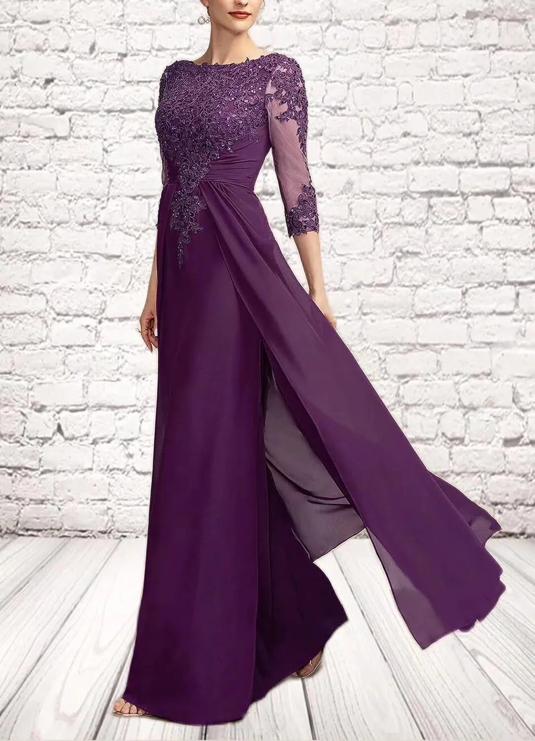 Chiffon Mother of The Bride Dresses Lace Long Evening Gowns Scoop Neck Formal Dress TN296