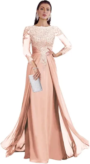 Chiffon Mother of The Bride Dresses Lace Long Evening Gowns Scoop Neck Formal Dress TN296