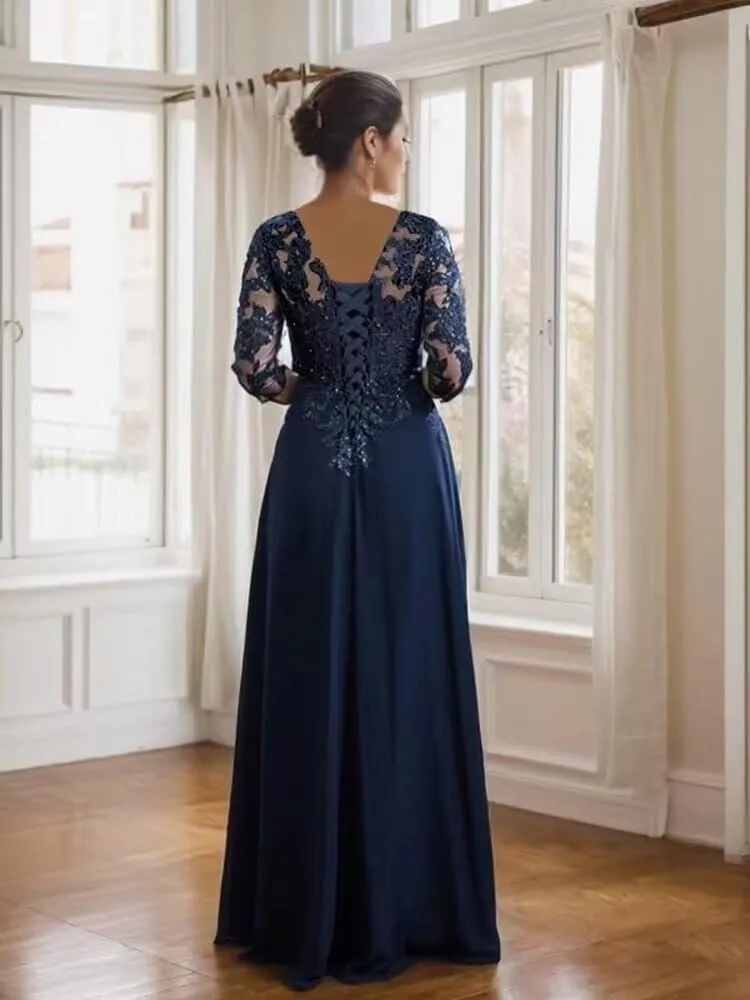 Chiffon Mother of The Bride Dresses Lace Long Evening Gowns Scoop Neck Formal Dress TN296