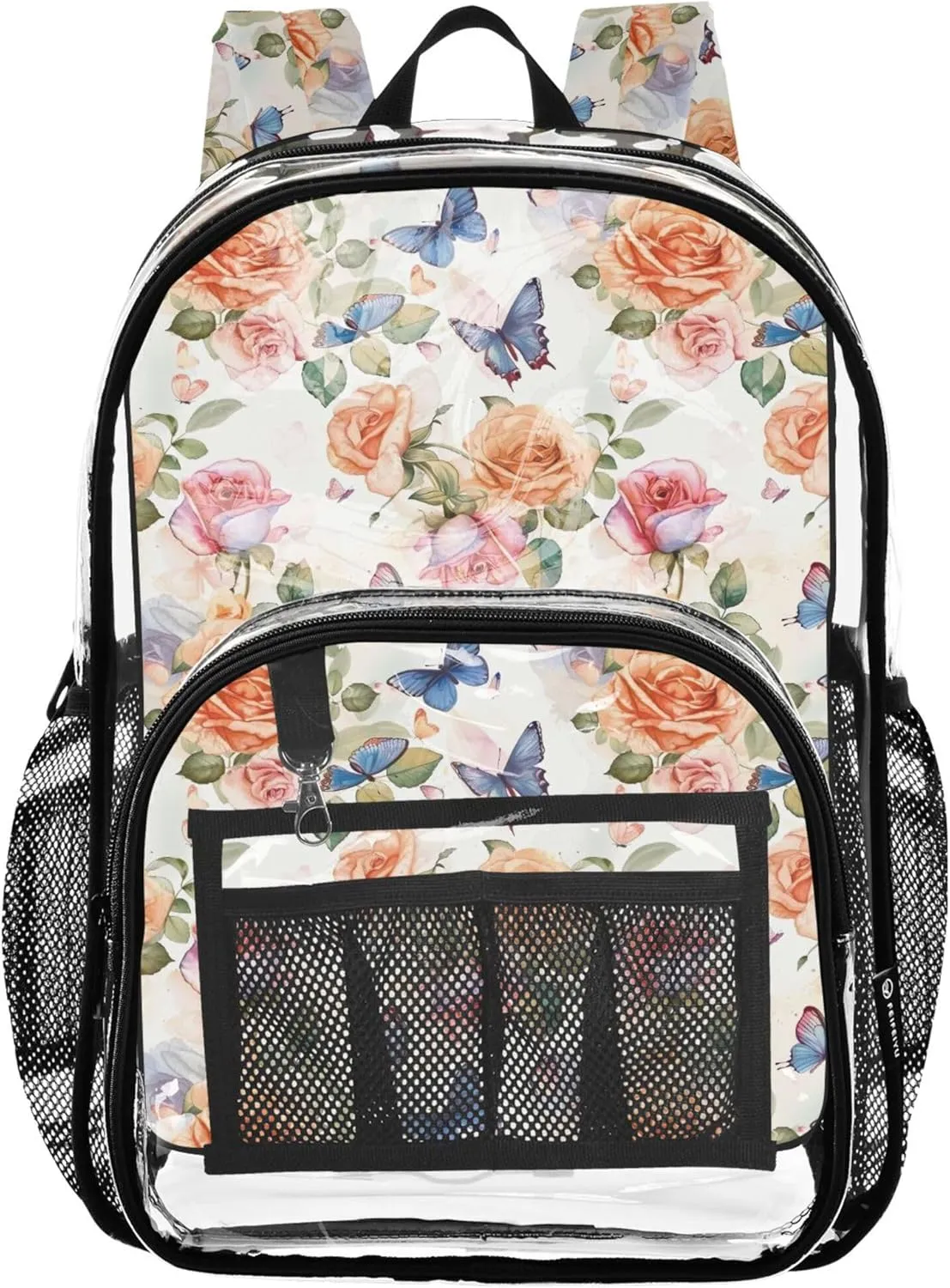 CHIFIGNO Rose Butterfly Girls Backpack, Clear Plastic Bag, Book Bag, Transparent Backpack
