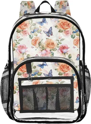 CHIFIGNO Rose Butterfly Girls Backpack, Clear Plastic Bag, Book Bag, Transparent Backpack
