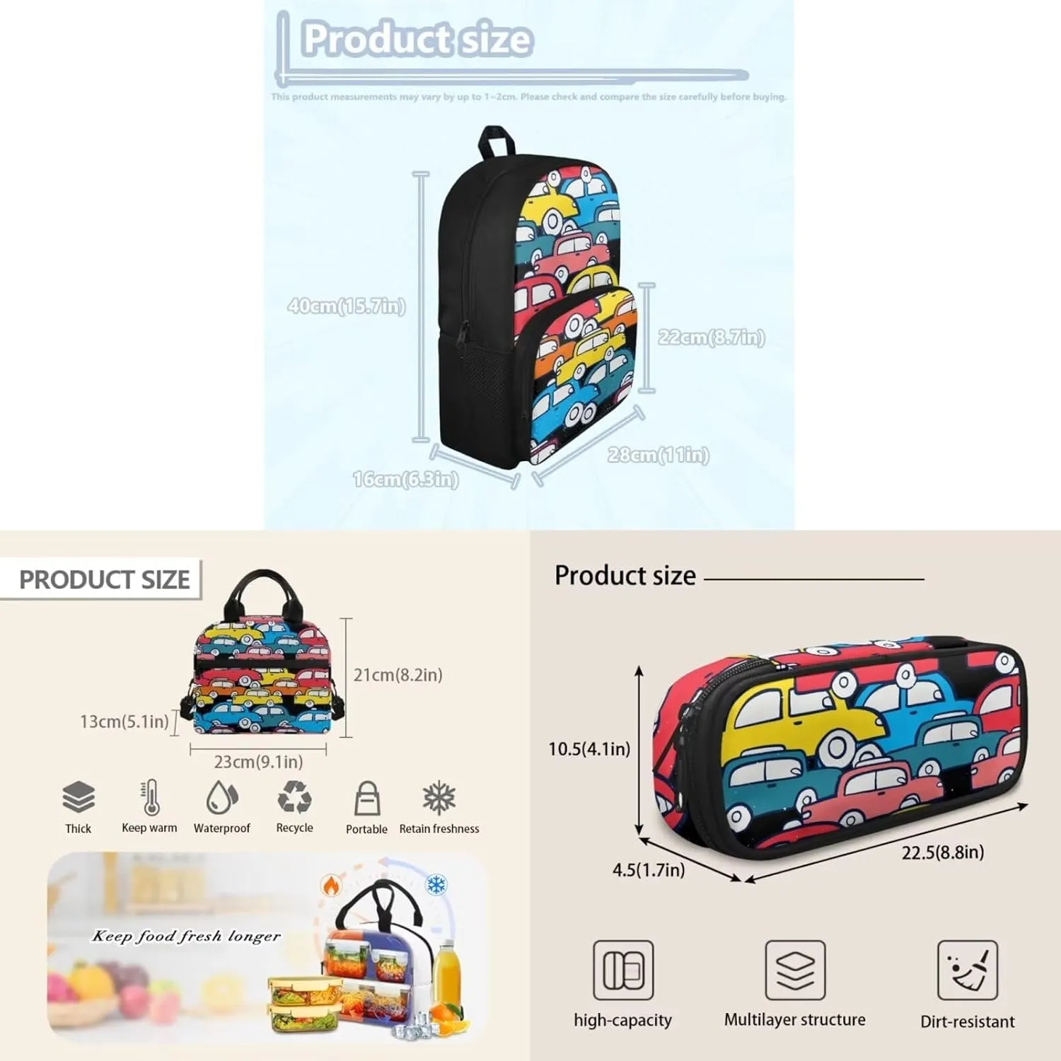 Colorful Car Toy School Backpack Set for Kids Backpack with lunch Bag and Pencil Case 3 in 1, for Primary Elementary Teen Boys Girls School Bookbag Lightweight Laptop Backpack