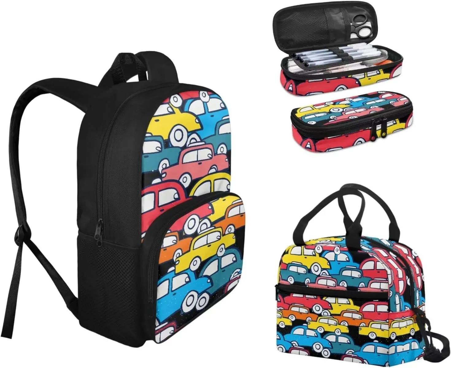 Colorful Car Toy School Backpack Set for Kids Backpack with lunch Bag and Pencil Case 3 in 1, for Primary Elementary Teen Boys Girls School Bookbag Lightweight Laptop Backpack