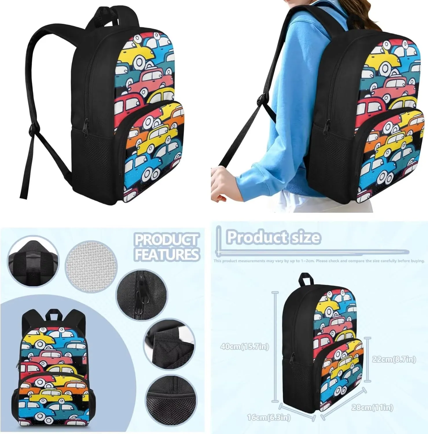 Colorful Car Toy School Backpack Set for Kids Backpack with lunch Bag and Pencil Case 3 in 1, for Primary Elementary Teen Boys Girls School Bookbag Lightweight Laptop Backpack