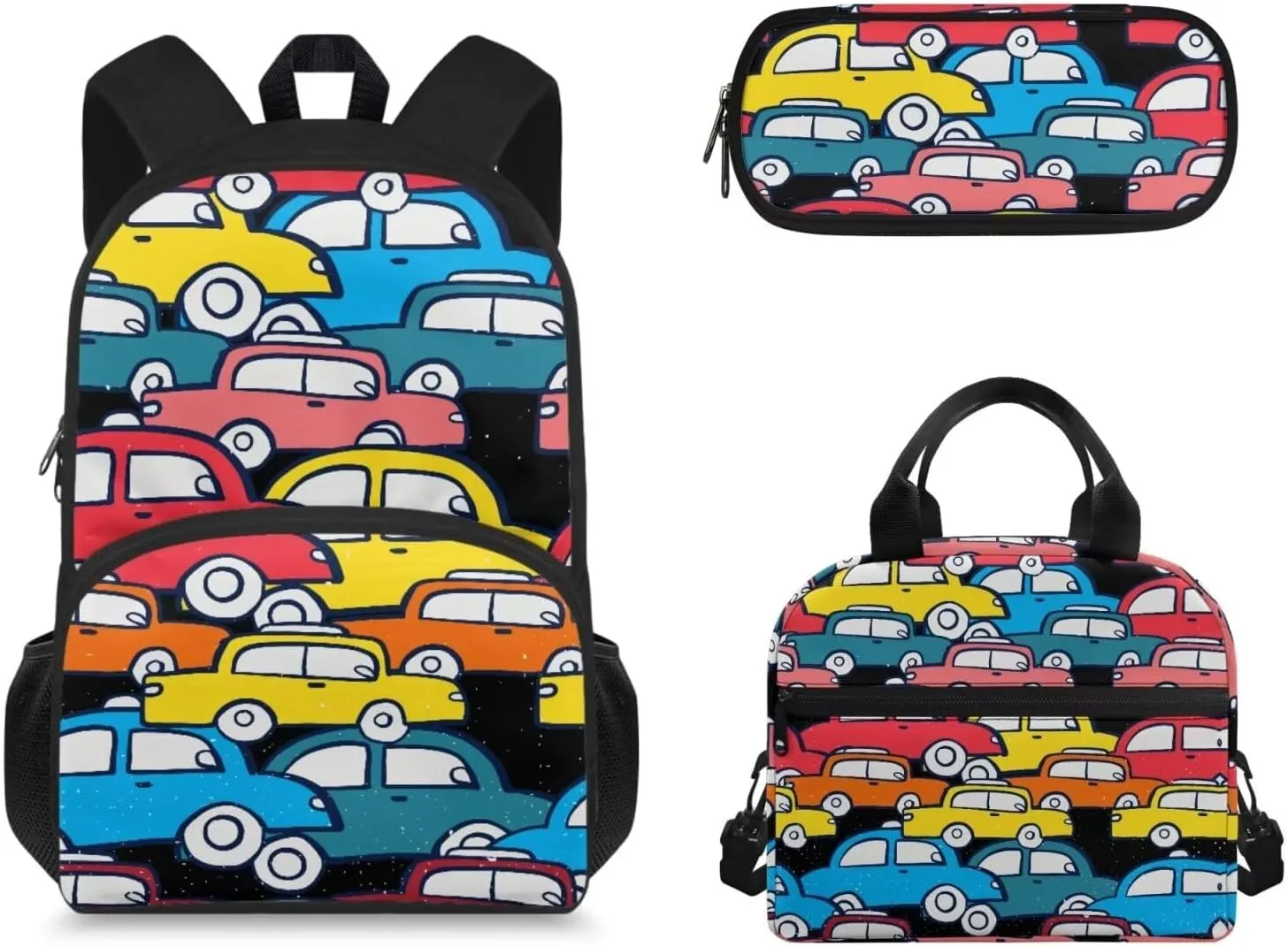 Colorful Car Toy School Backpack Set for Kids Backpack with lunch Bag and Pencil Case 3 in 1, for Primary Elementary Teen Boys Girls School Bookbag Lightweight Laptop Backpack