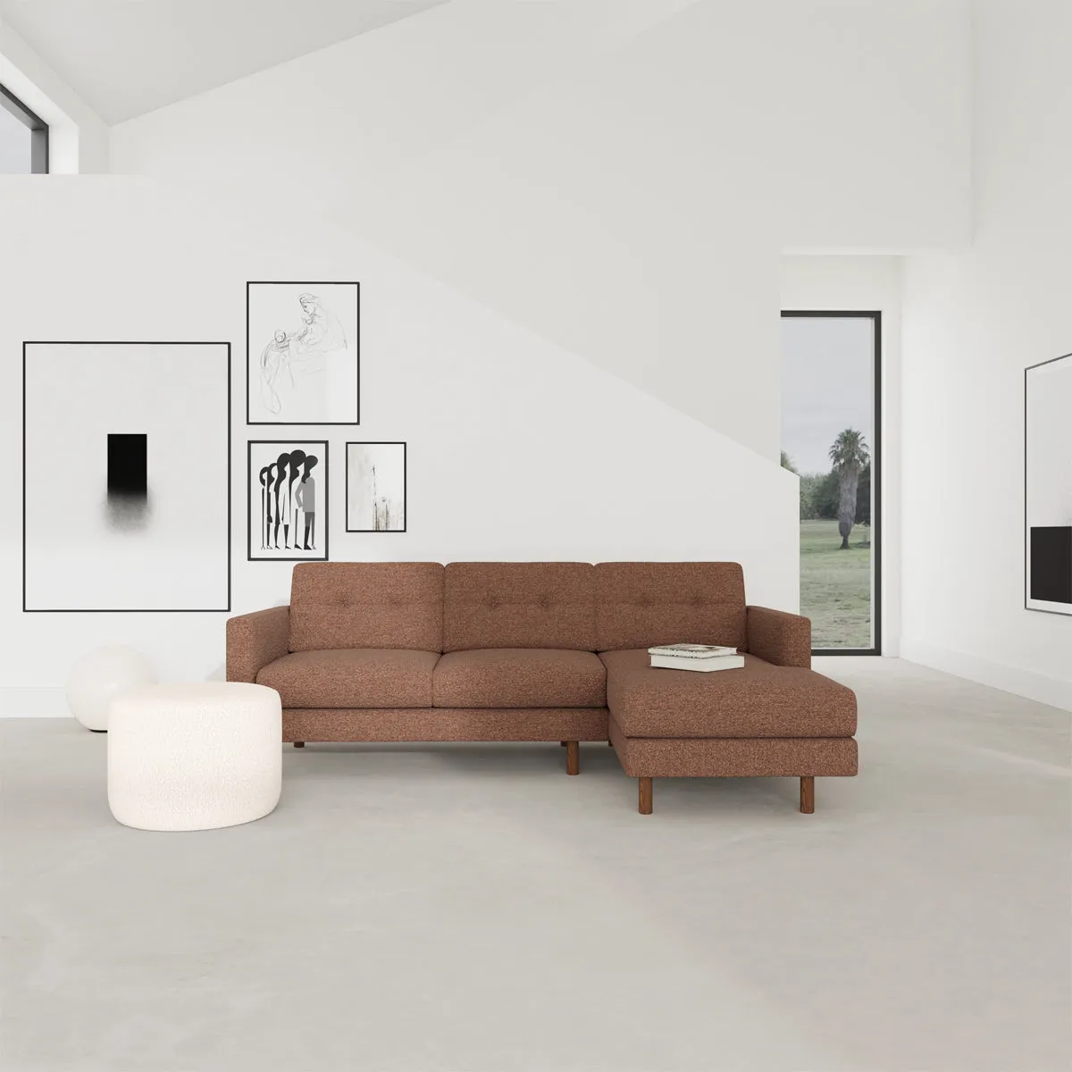 Conrad Boucle Right Chaise Sofa (Walnut Natural, Rust)