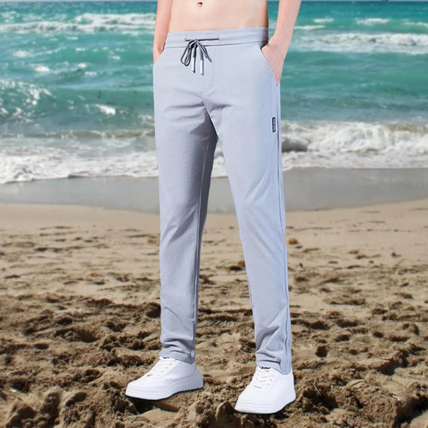 Cotton Linen Pants for Men Casual Loose Fit Pants Outdoor Hiking Trousers Drawstring Elastic Waist Straight Leg Pant