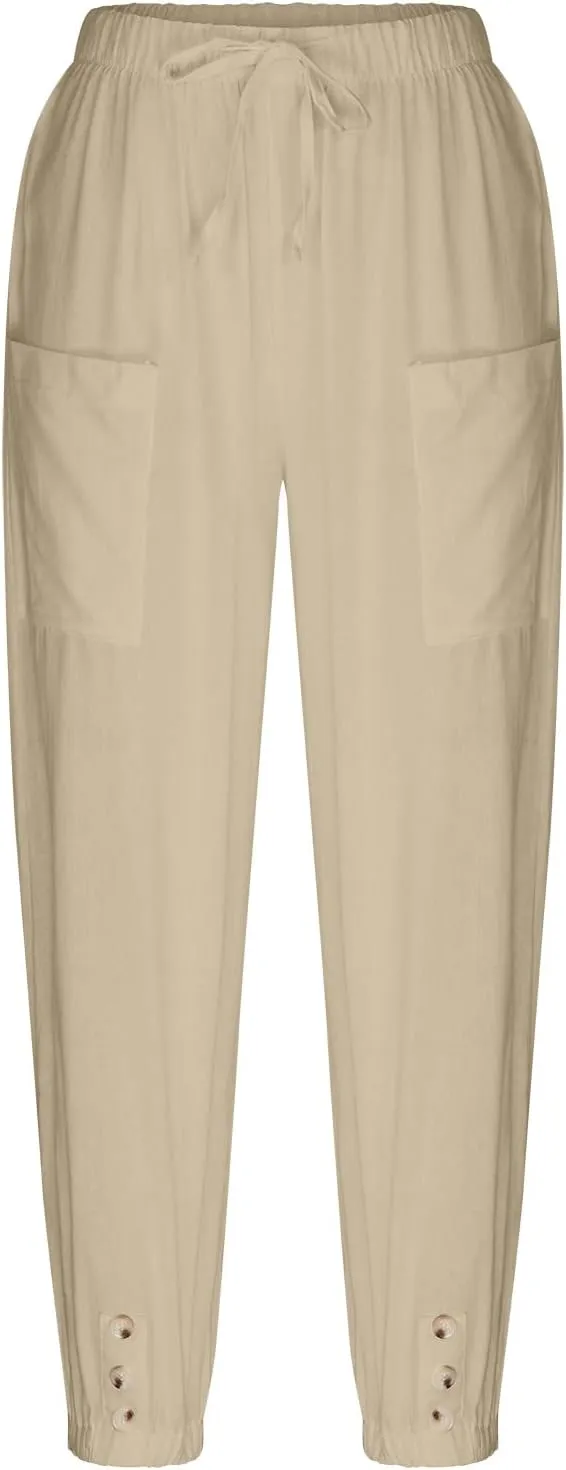 Cotton Linen Pants for Women Casual Summer Elastic High Waist Drawstring Lounge Pant Straight Leg Cropped Trousers