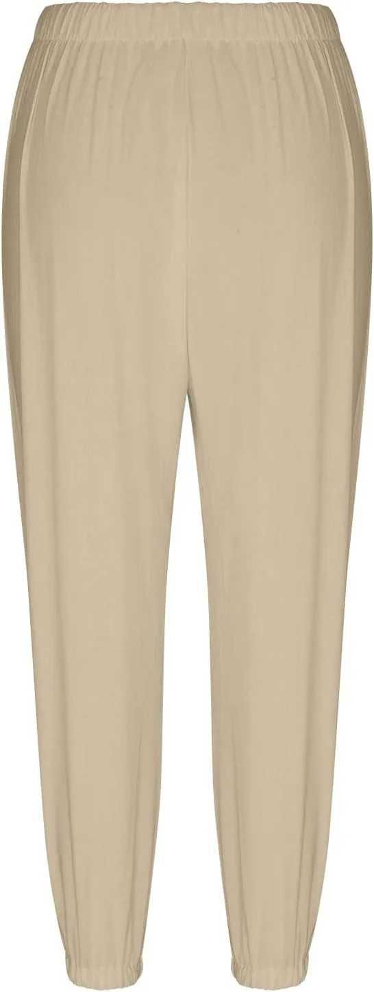 Cotton Linen Pants for Women Casual Summer Elastic High Waist Drawstring Lounge Pant Straight Leg Cropped Trousers