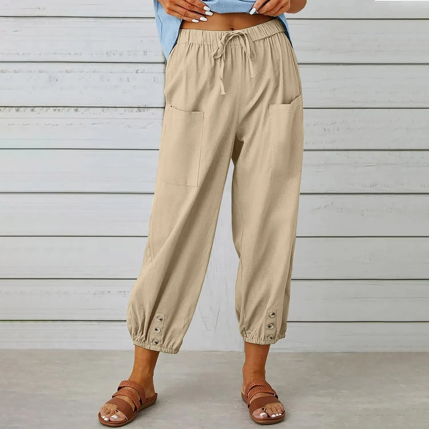 Cotton Linen Pants for Women Casual Summer Elastic High Waist Drawstring Lounge Pant Straight Leg Cropped Trousers
