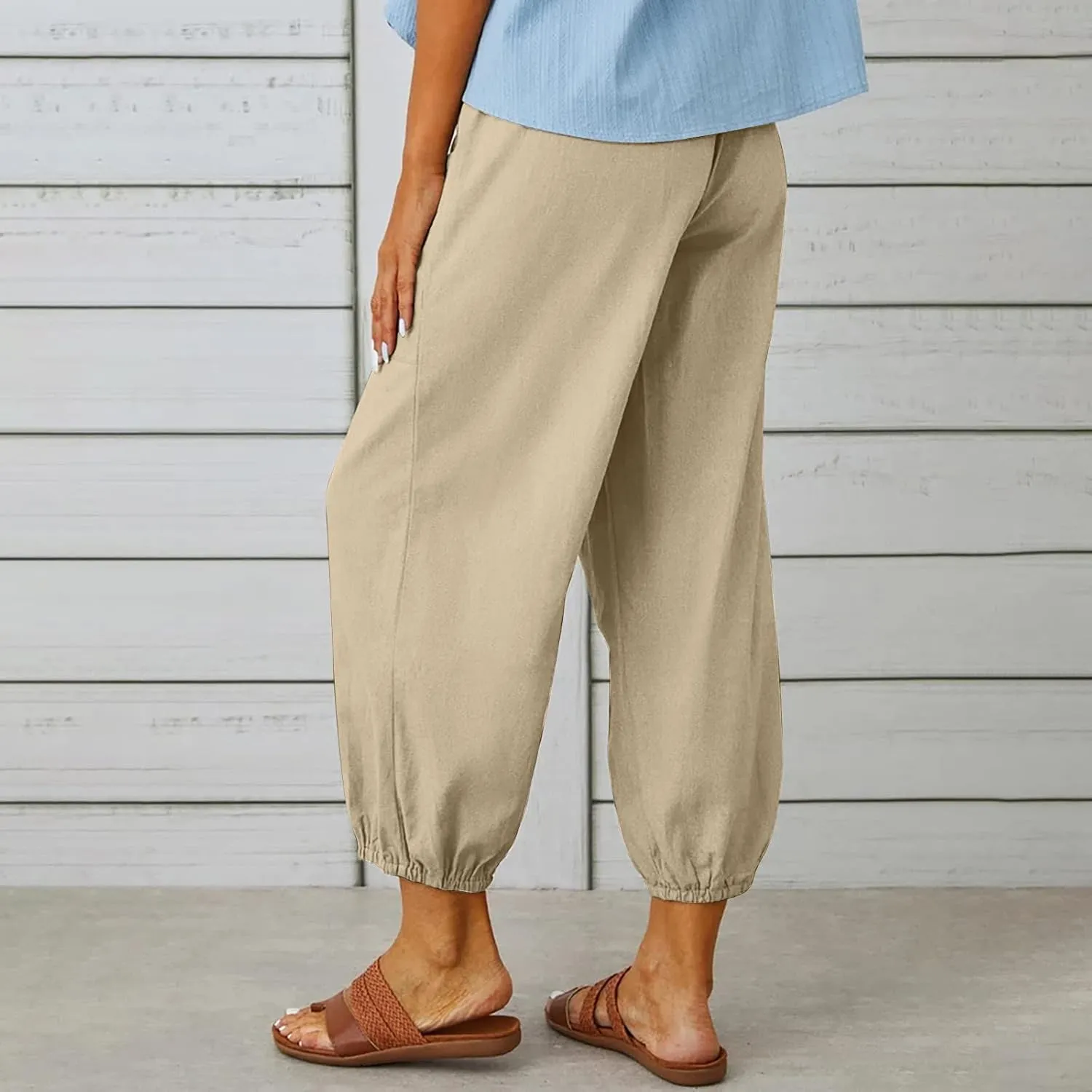 Cotton Linen Pants for Women Casual Summer Elastic High Waist Drawstring Lounge Pant Straight Leg Cropped Trousers