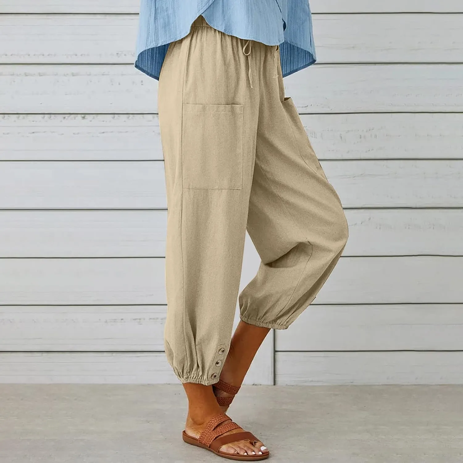 Cotton Linen Pants for Women Casual Summer Elastic High Waist Drawstring Lounge Pant Straight Leg Cropped Trousers