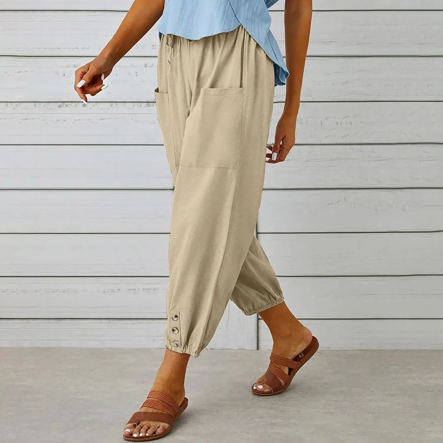 Cotton Linen Pants for Women Casual Summer Elastic High Waist Drawstring Lounge Pant Straight Leg Cropped Trousers