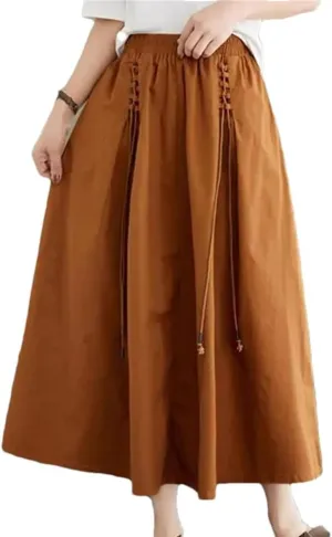 Cotton Women Long Skirt Summer Vintage Style Solid Color High Waist A-Line Skirts
