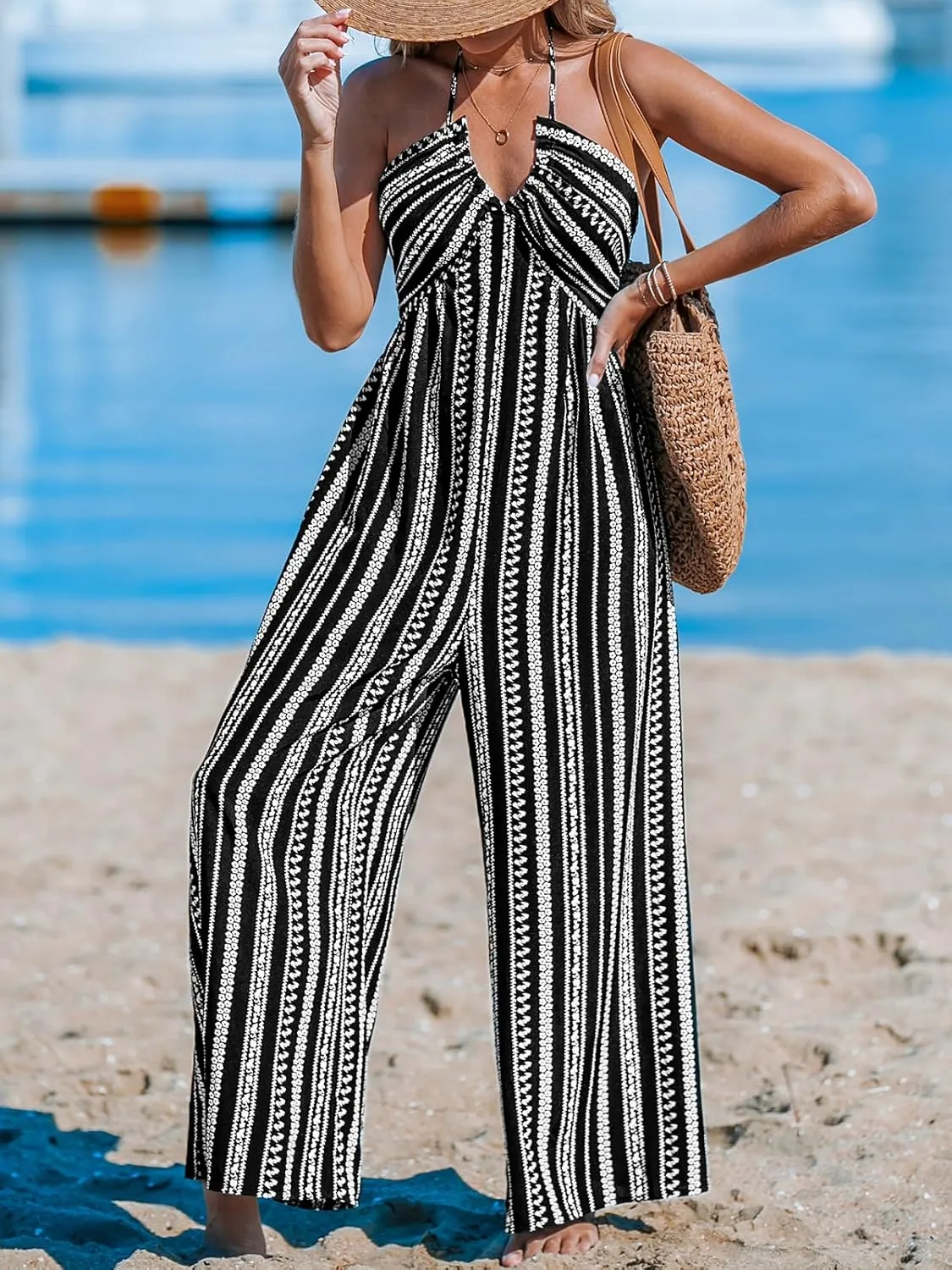 CUPSHE Women's Jumpsuits Halter Neck Sleeveless Wide Leg Overall Backless Outfit Casual Beach