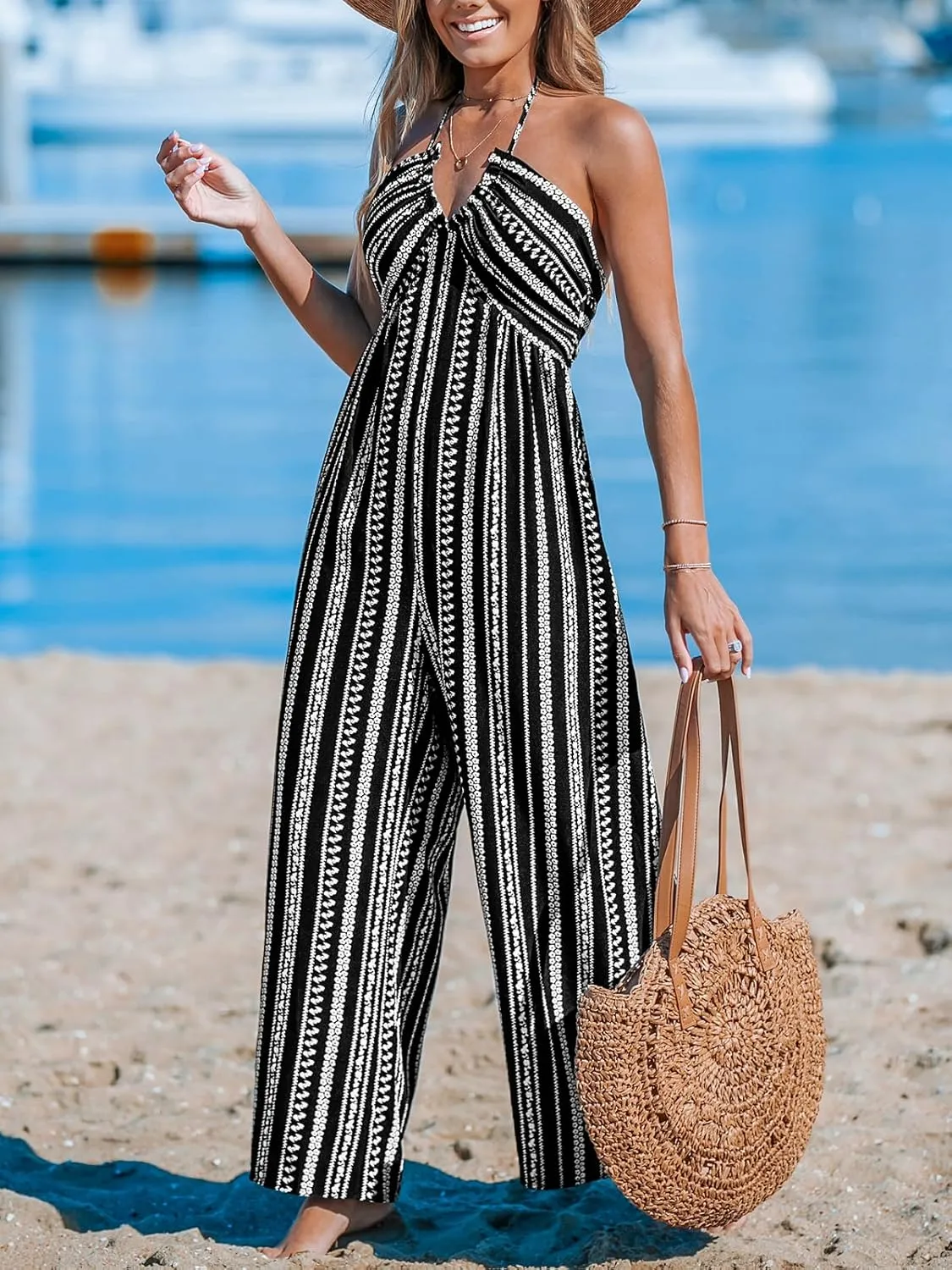 CUPSHE Women's Jumpsuits Halter Neck Sleeveless Wide Leg Overall Backless Outfit Casual Beach