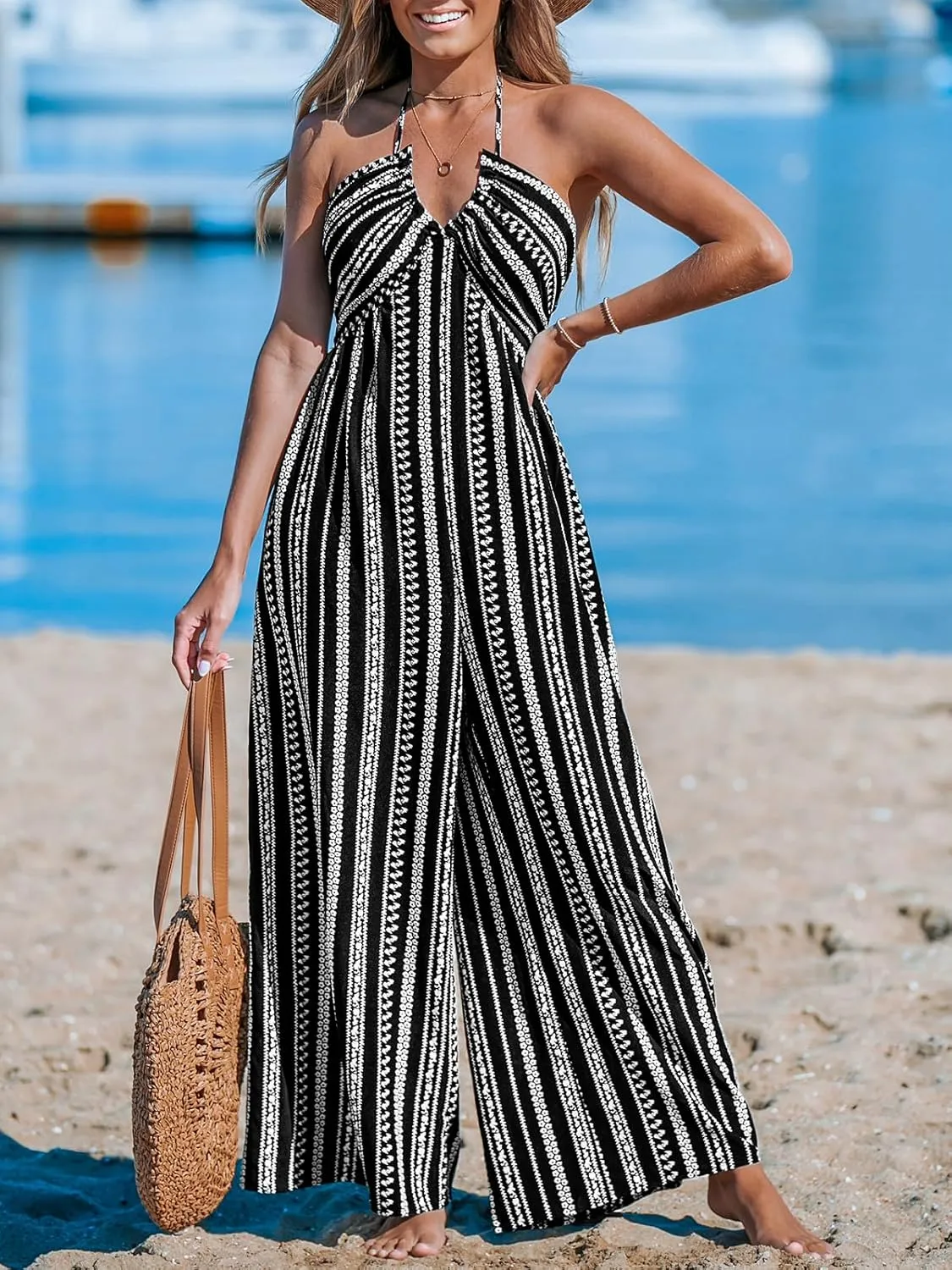 CUPSHE Women's Jumpsuits Halter Neck Sleeveless Wide Leg Overall Backless Outfit Casual Beach