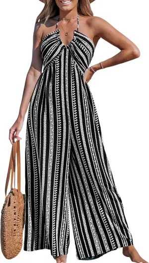 CUPSHE Women's Jumpsuits Halter Neck Sleeveless Wide Leg Overall Backless Outfit Casual Beach