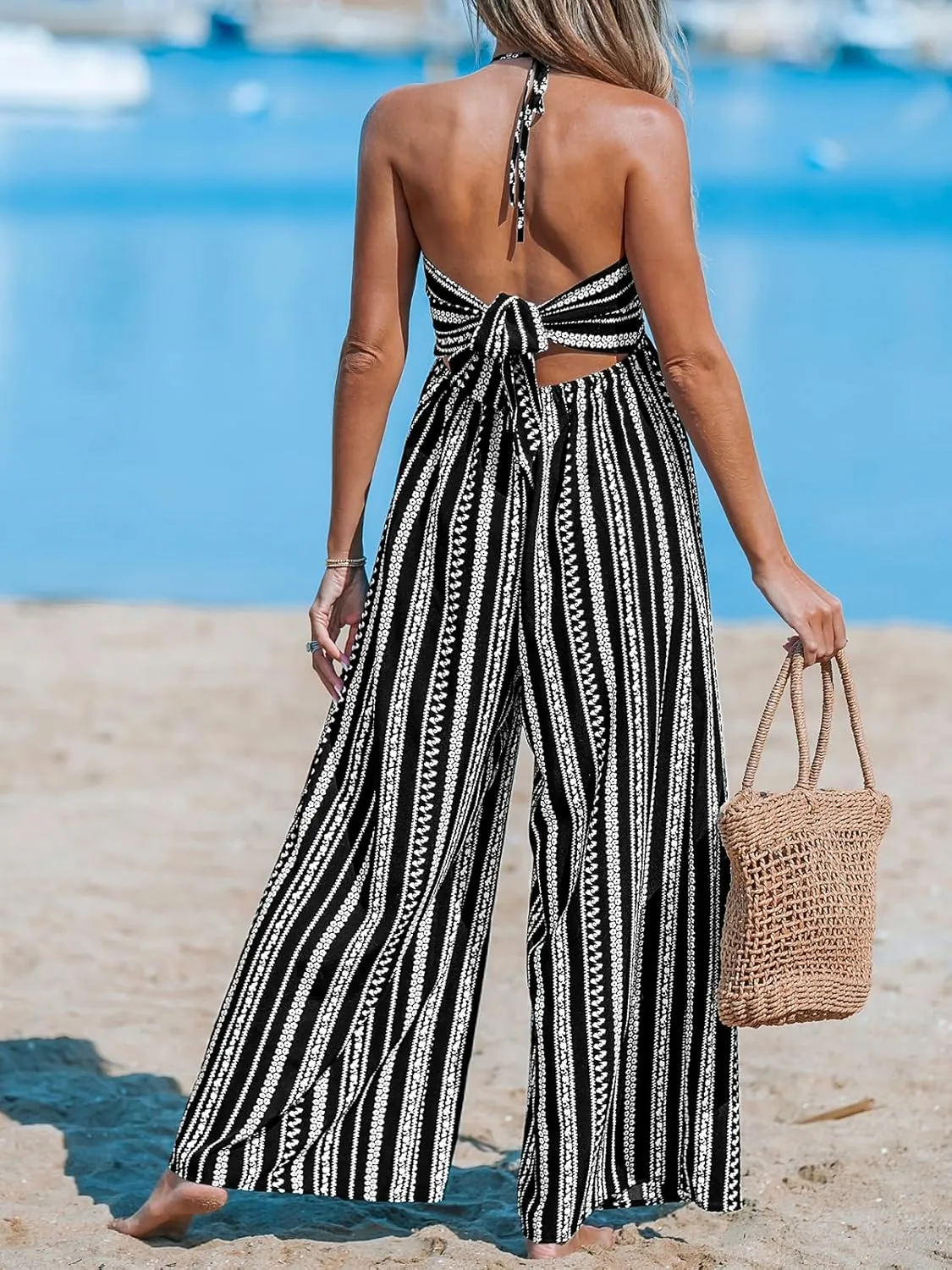 CUPSHE Women's Jumpsuits Halter Neck Sleeveless Wide Leg Overall Backless Outfit Casual Beach