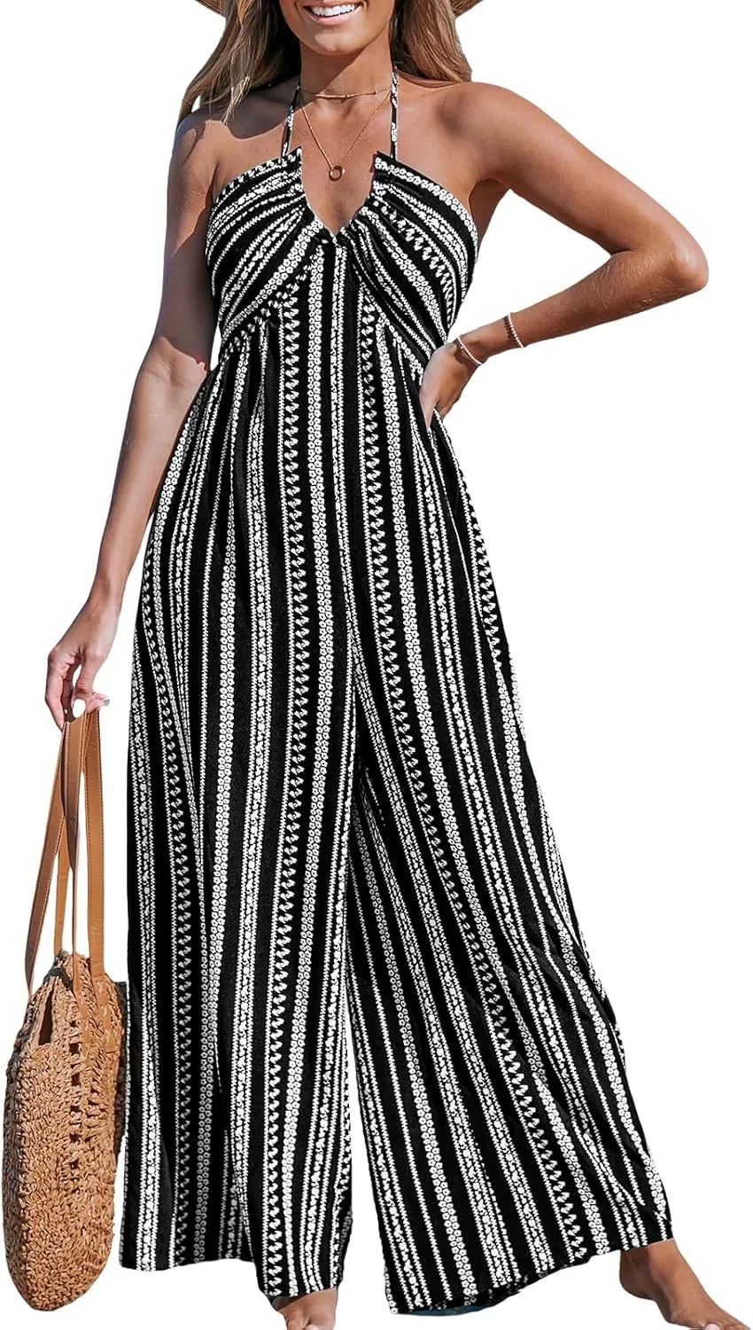 CUPSHE Women's Jumpsuits Halter Neck Sleeveless Wide Leg Overall Backless Outfit Casual Beach
