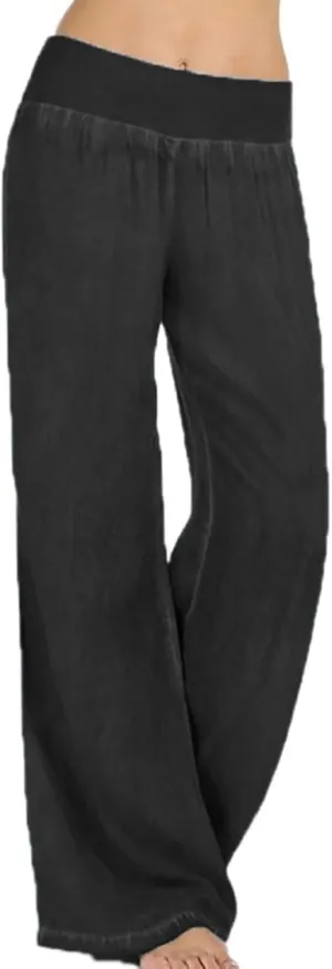 Dawery Women Casual Cotton Pull-on Pant with Elastic Waist High Waist Denim Wide Leg Palazzo Pants Jeans Trousers
