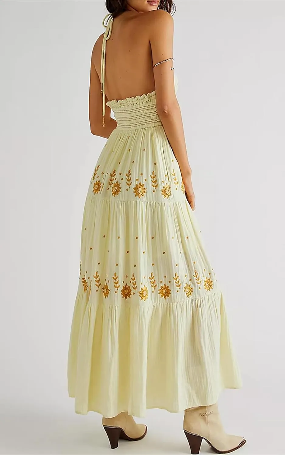 ebossy Women's Summer Boho Embroidered Daisy Maxi Dress Halter Shirred V Neck Backless Flowy Vacation Beach Sundress