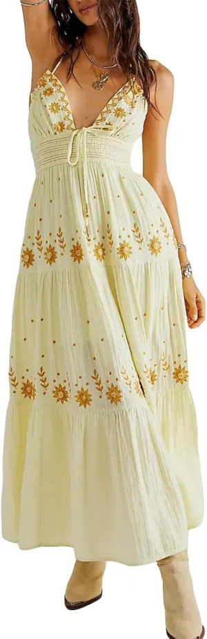 ebossy Women's Summer Boho Embroidered Daisy Maxi Dress Halter Shirred V Neck Backless Flowy Vacation Beach Sundress