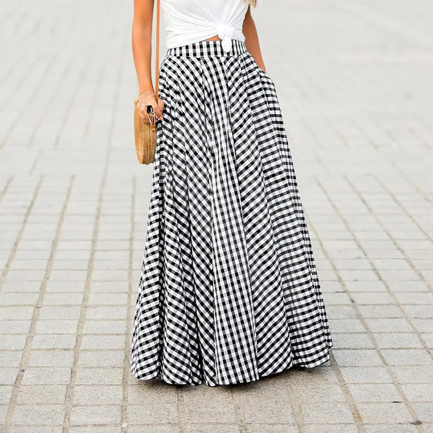 ebossy Women's Vintage High Waist Plaid Pleated Skirt A-Line Flowy Long Maxi Skirt with Pocket Plus Size