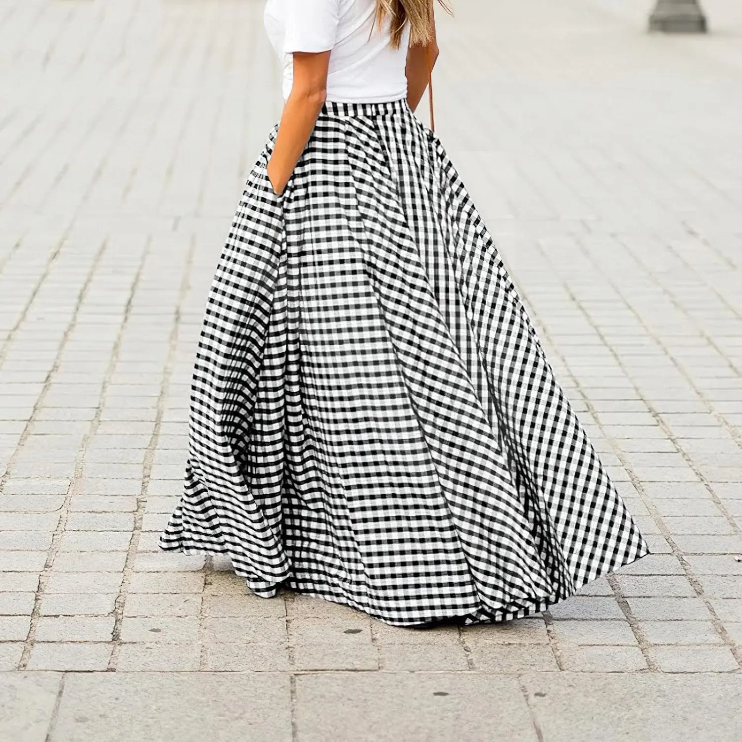 ebossy Women's Vintage High Waist Plaid Pleated Skirt A-Line Flowy Long Maxi Skirt with Pocket Plus Size