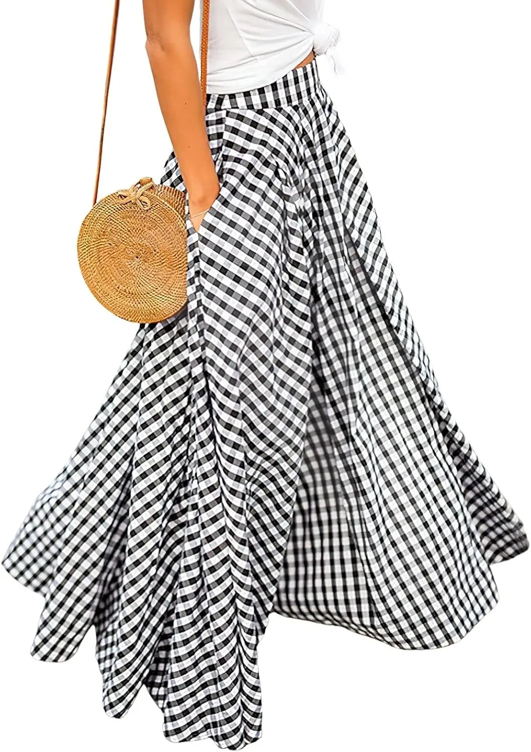 ebossy Women's Vintage High Waist Plaid Pleated Skirt A-Line Flowy Long Maxi Skirt with Pocket Plus Size