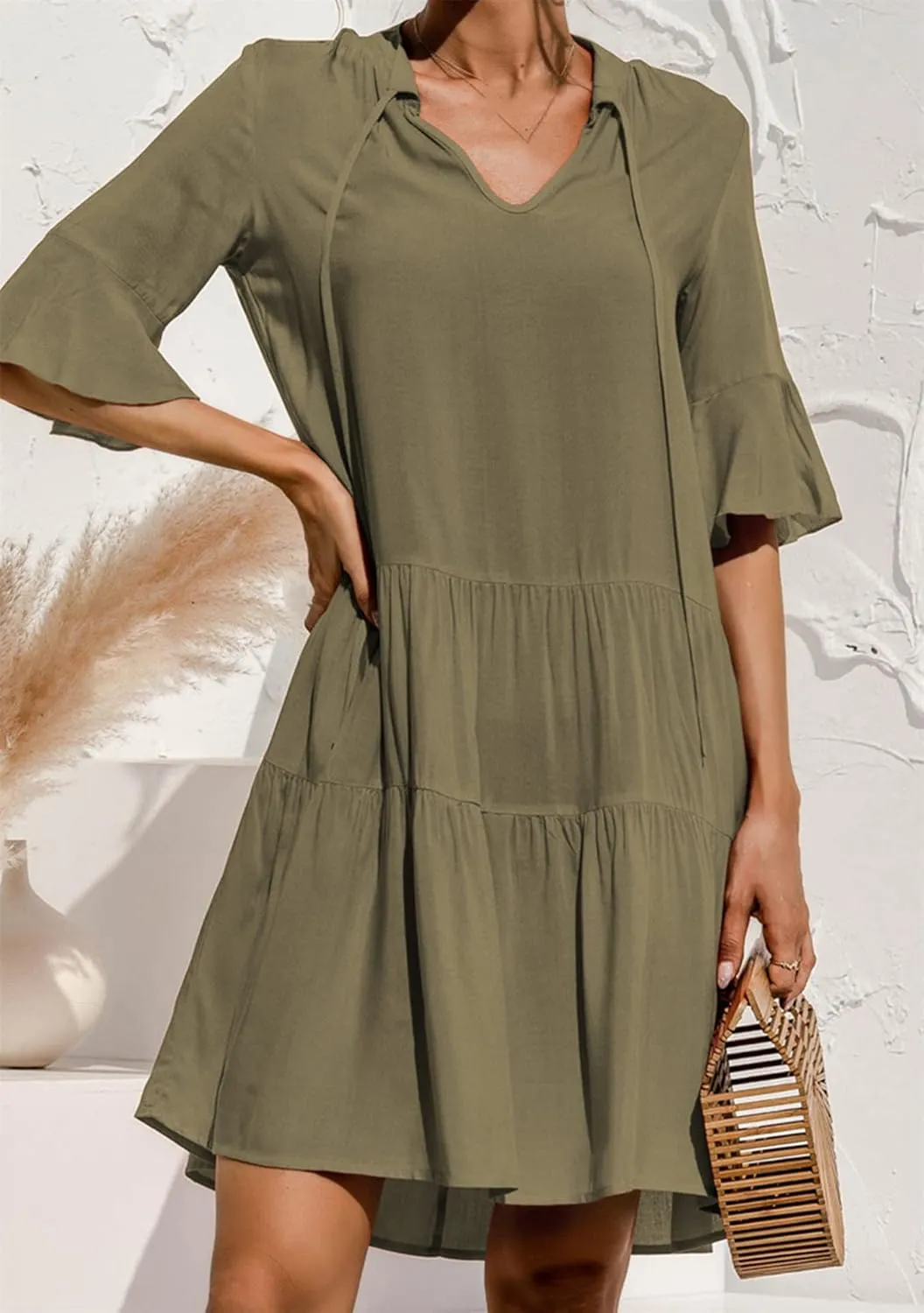 EFOFEI Women's Casual Short Bell Sleeve Dress Summer Shift Mini Dress Solid Color V Neck Short Dress