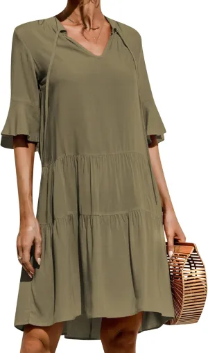 EFOFEI Women's Casual Short Bell Sleeve Dress Summer Shift Mini Dress Solid Color V Neck Short Dress