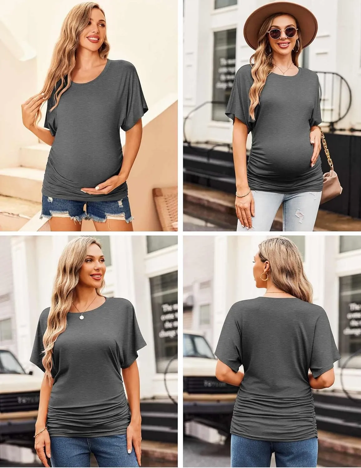 Ekouaer Maternity Shirts 3 Packs Dolman Sleeve Side Ruched Tops Tunic Casual Pregnancy Clothes