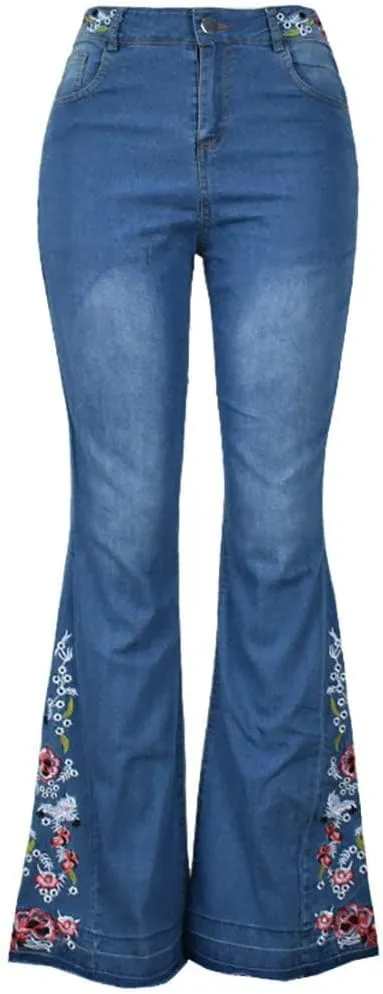 Embroidered Bell Bottom Jeans Women Vintage Plus Size Jeans Stretch Butt Lifting Flare Jean Wide Leg Denim Pants