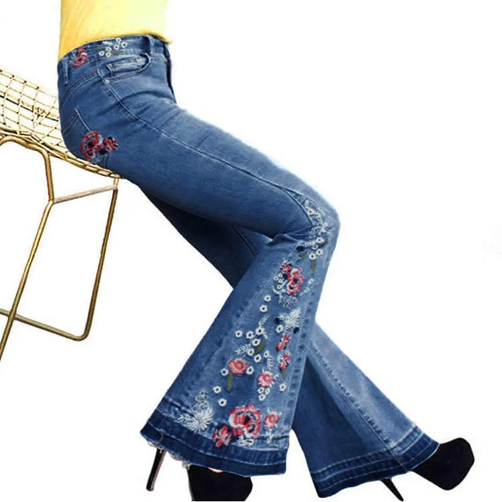Embroidered Bell Bottom Jeans Women Vintage Plus Size Jeans Stretch Butt Lifting Flare Jean Wide Leg Denim Pants