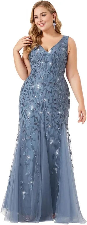 Ever-Pretty Plus Women's Sleeveless V Neck Mermaid Sequin Ball Gowns Plus Size Formal Evening Dresses 07886-DAPH