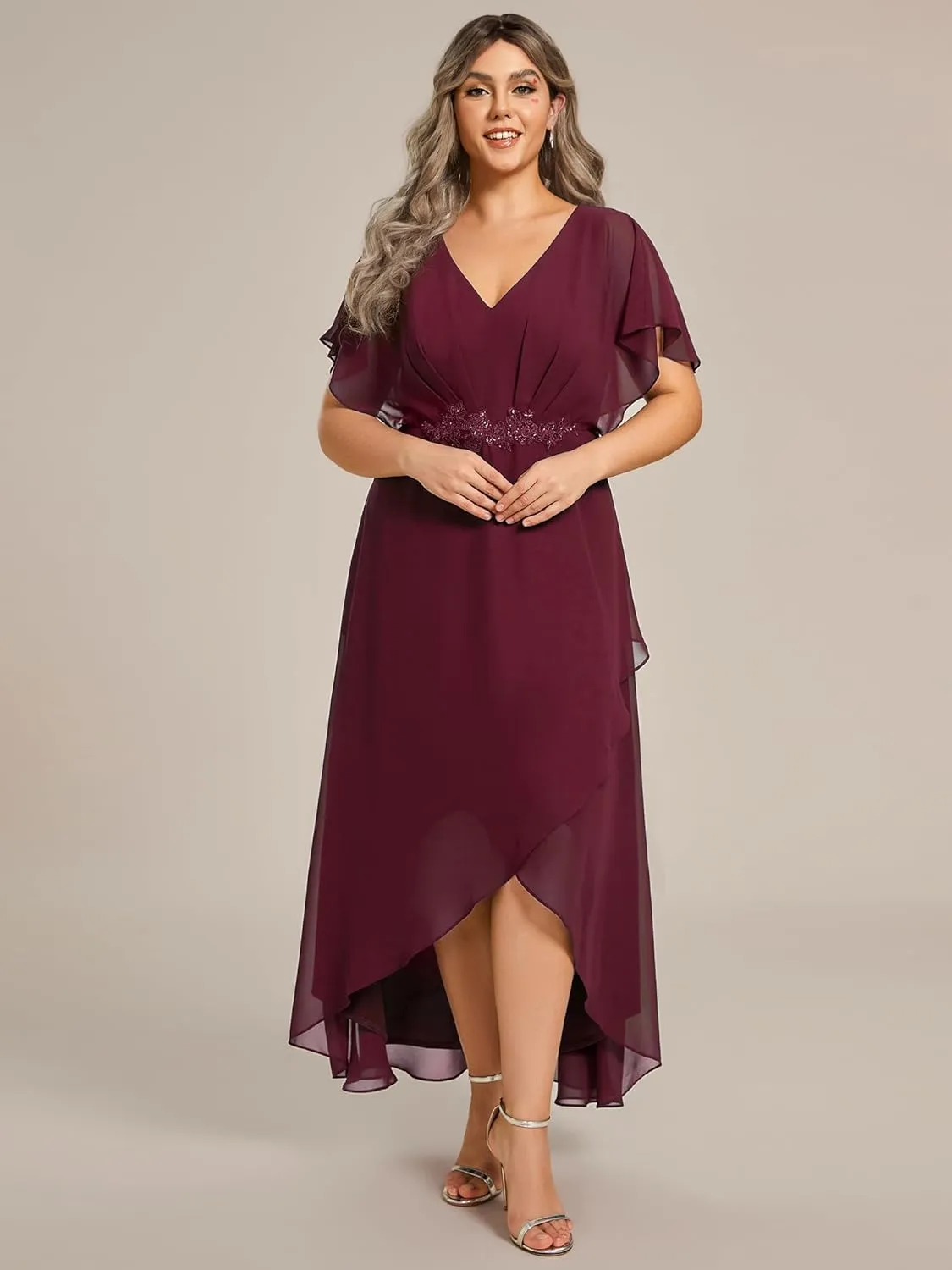Ever-Pretty Women's Plus V Neck Applique Short Sleeves Maxi Formal Wedding Guest Dress