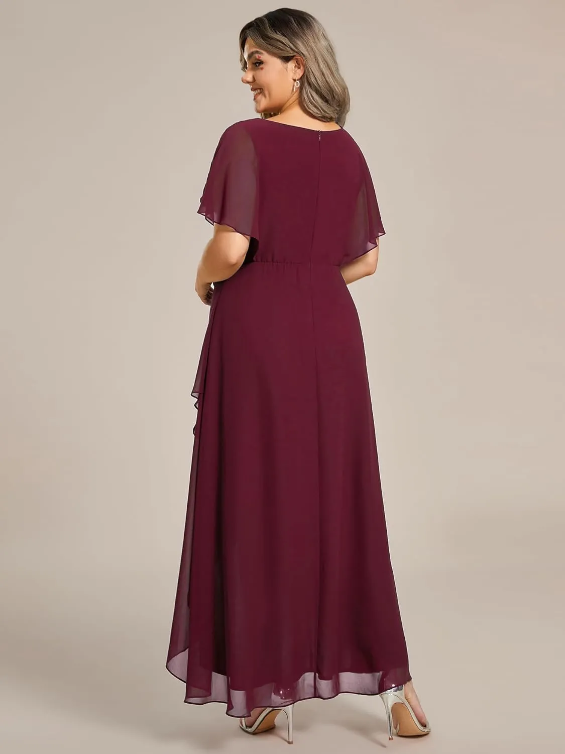 Ever-Pretty Women's Plus V Neck Applique Short Sleeves Maxi Formal Wedding Guest Dress