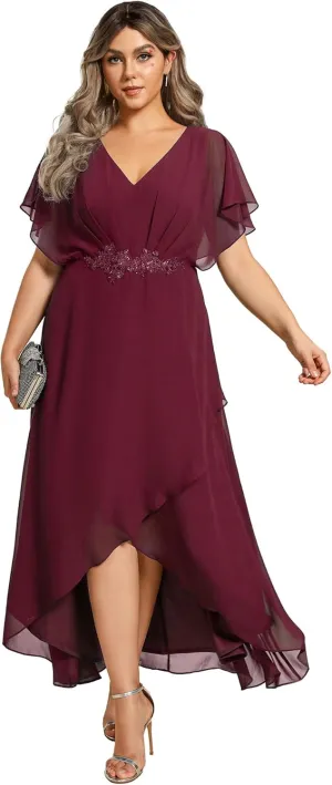 Ever-Pretty Women's Plus V Neck Applique Short Sleeves Maxi Formal Wedding Guest Dress